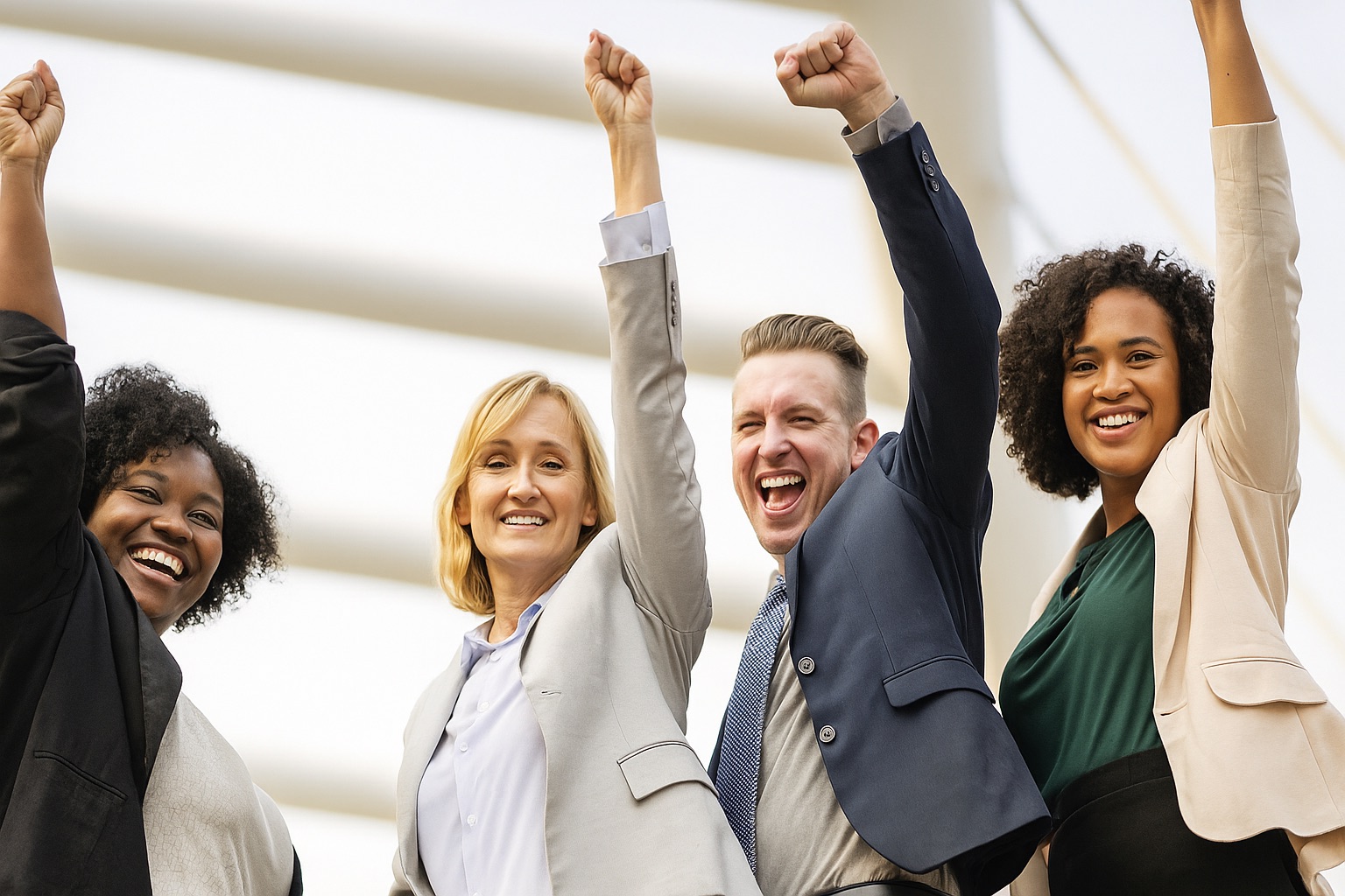 Celebrating sales team with raised fists